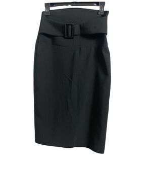 STRETCH BLACK HIGH-WAISTED PENCIL SKIRT BUILT-IN BELT WOMEN BACK SLIT SIZE LARGE